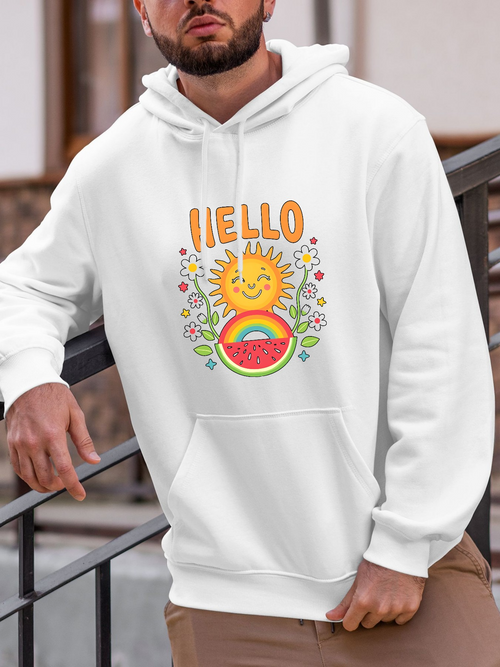 Men's Graphic Hoodie Hello Sunshine With Smiling Face Rainbow And Colorful Flowers Sun
