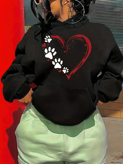 Women's Graphic Hoodie Walking Pawprints With Painted Red Heart On Cozy Sweatshirt
