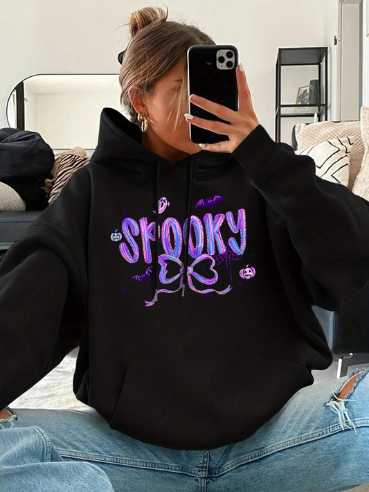 Women's Graphic Hoodie Dripping Purple Graffiti Letters With Bats And Halloween Vibes Spooky