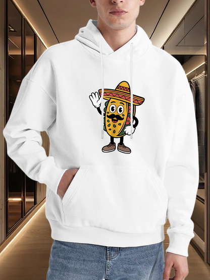 Men's Graphic Hoodie Cartoon Sombrero Wearing Happy Fiesta Taco Character