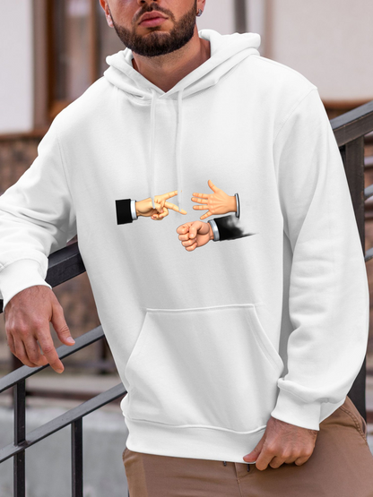 Men's Graphic Hoodie Business Attire Hands Gesturing Rock Paper Scissors Among White Background Hoodie