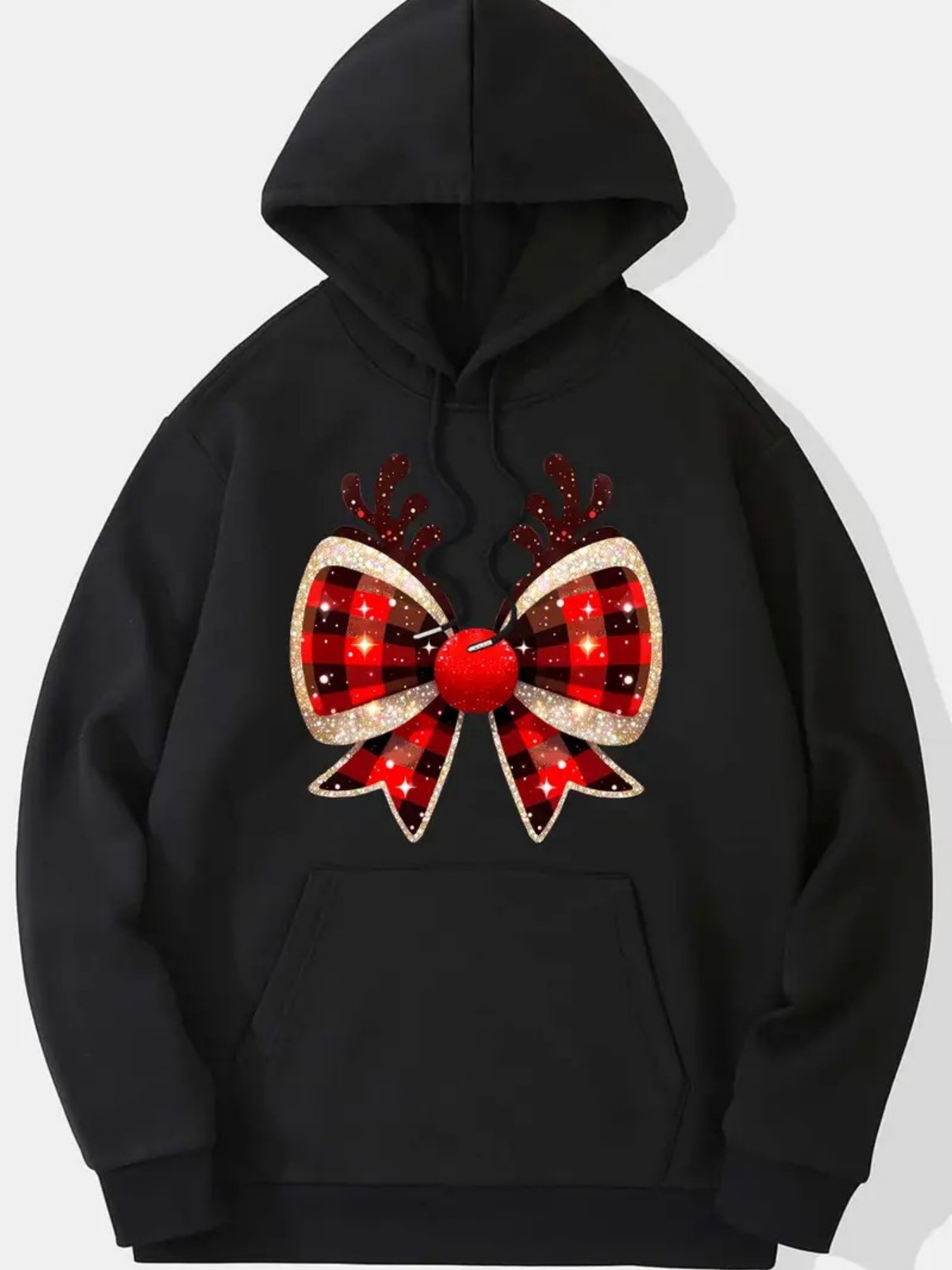 Women's Graphic Hoodie Shining Plaid Ribbon With Red Glitter Accents Bow
