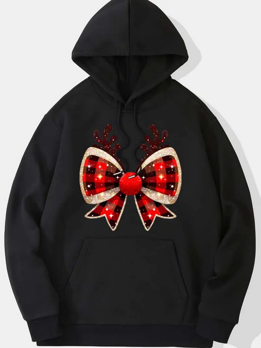 Women's Graphic Hoodie Shining Plaid Ribbon With Red Glitter Accents Bow