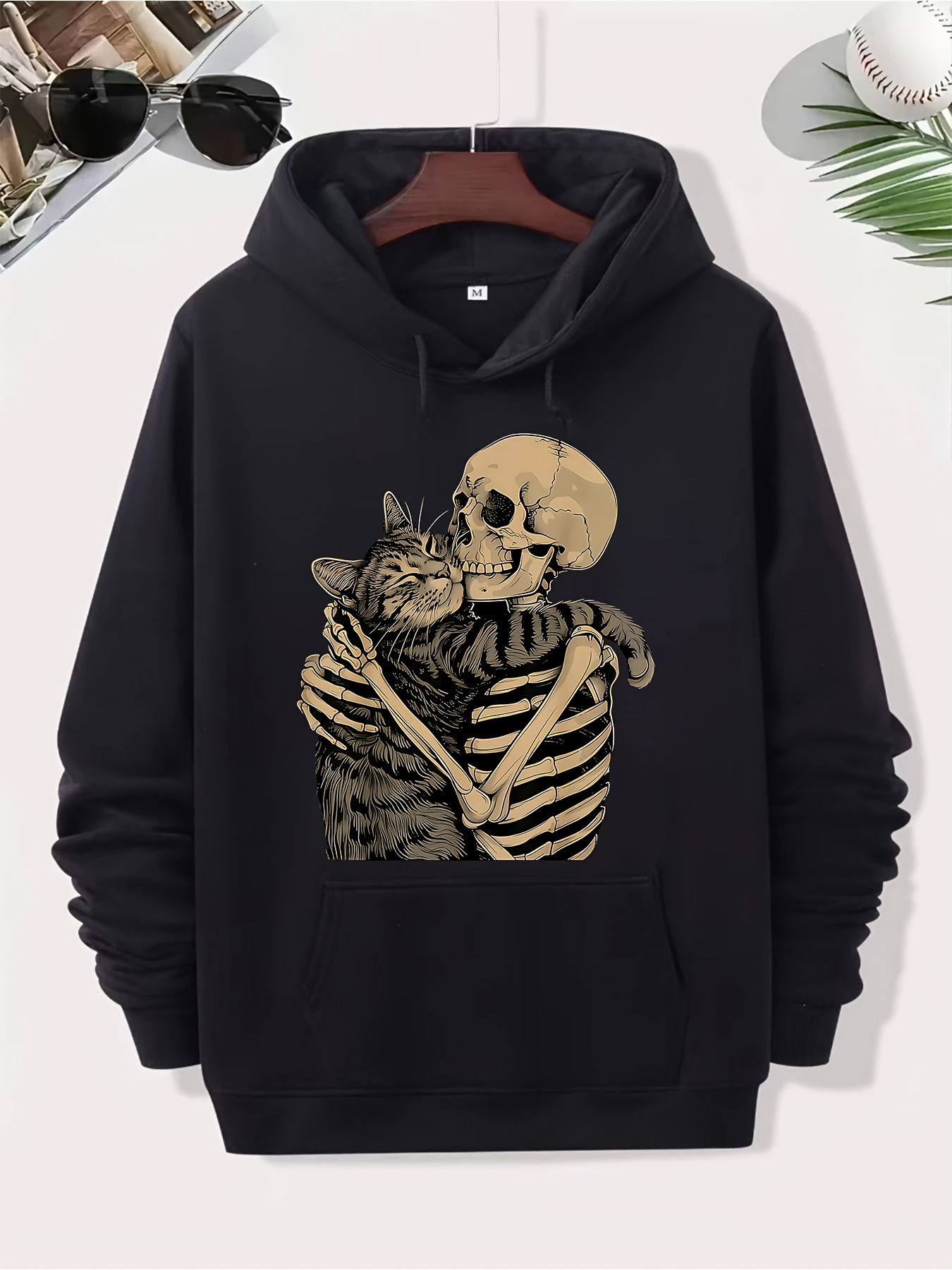 Men's Graphic Hoodie Dark Skeleton Embracing Cute Fluffy Striped Cat Under Pale Moonlight