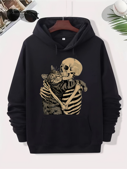 Men's Graphic Hoodie Dark Skeleton Embracing Cute Fluffy Striped Cat Under Pale Moonlight