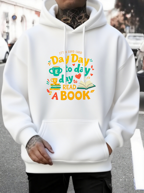 Men's Graphic Hoodie Day Day To Day To Day Read A Book Surrounded By Colorful Hearts And Open Book