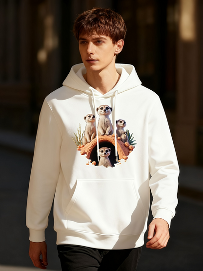 Men's Graphic Hoodie Desert Sunlight With Playful Curious Meerkats In A Sandy Setting Meerkat