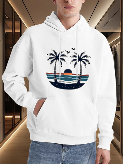 Men's Graphic Hoodie Minimalist Sunset Beach With Palm Trees Silhouetted Under Flying Birds