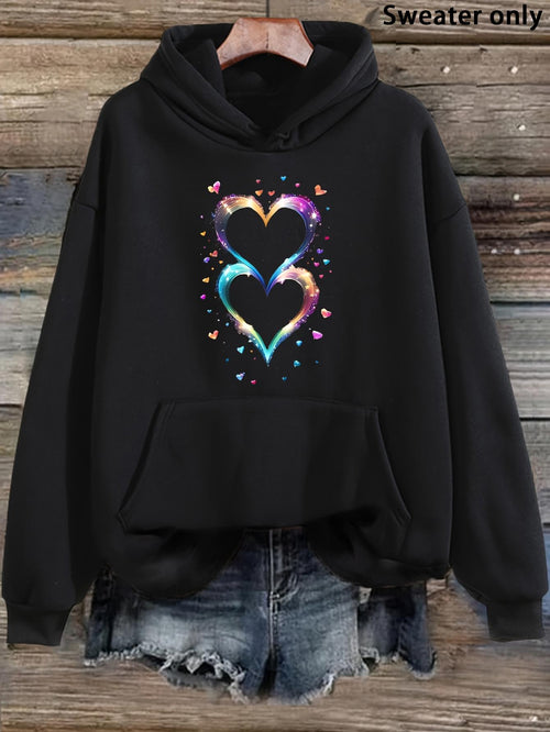 Women's Graphic Hoodie Colorful Neon Glow With Scattered Small Hearts Double Heart