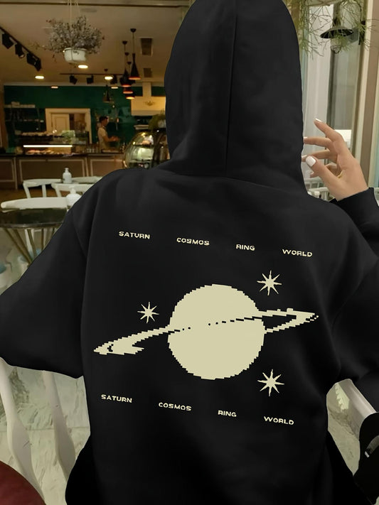 Women's Graphic Hoodie Saturn Surrounded By Stars And Orbiting Planets Saturn