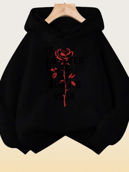Women's Graphic Hoodie Elegant Red Rose With Detailed Petals Gracefully Blooming On Black Hoodie Rose