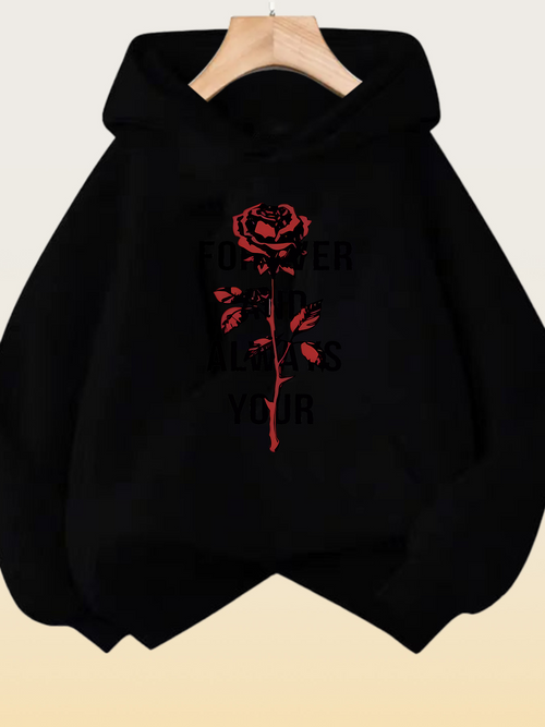 Women's Graphic Hoodie Elegant Red Rose With Detailed Petals Gracefully Blooming On Black Hoodie Rose