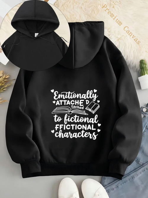 Women's Graphic Hoodie Emotionally Attached Heart Book With Whimsical Floating Fictional Characters