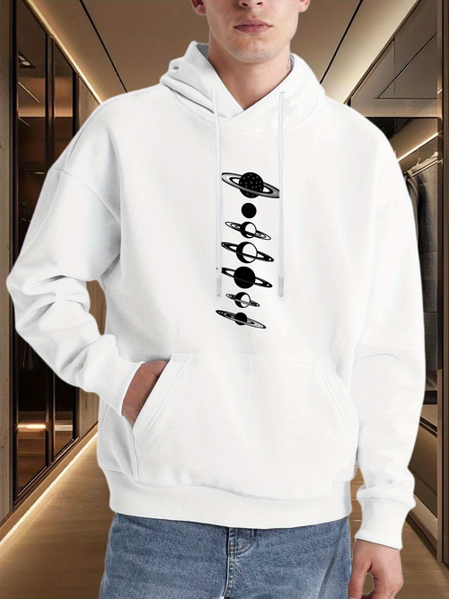 Men's Graphic Hoodie Minimalist Monochrome Celestial Orbits With Planets And Saturn Motif