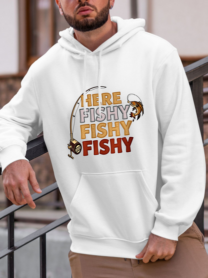 Men's Graphic Hoodie Here Fishy Fishy Fishy With Fishing Rod And Cartoon Fish