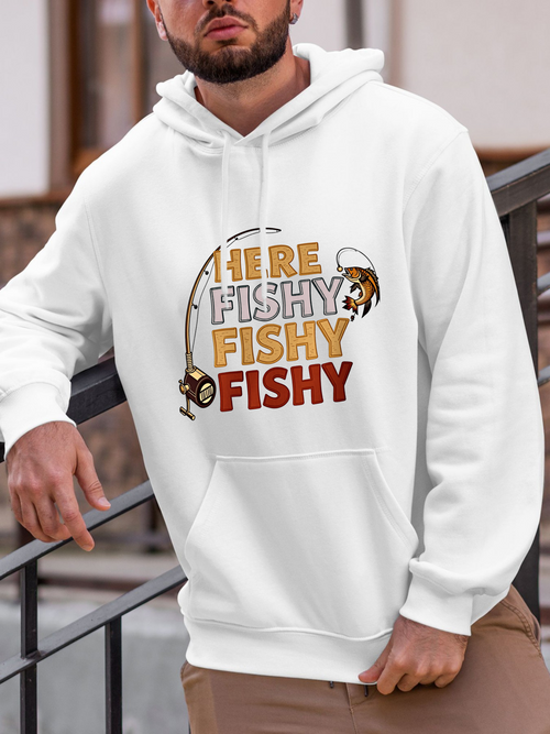 Men's Graphic Hoodie Here Fishy Fishy Fishy With Fishing Rod And Cartoon Fish