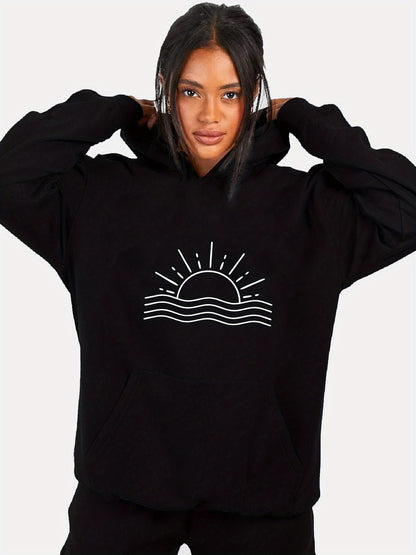 Women's Graphic Hoodie Rising Sun Above Wavy Horizon With Radiant Lines Minimalist Sun