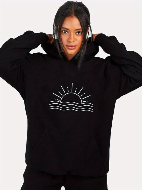 Women's Graphic Hoodie Rising Sun Above Wavy Horizon With Radiant Lines Minimalist Sun