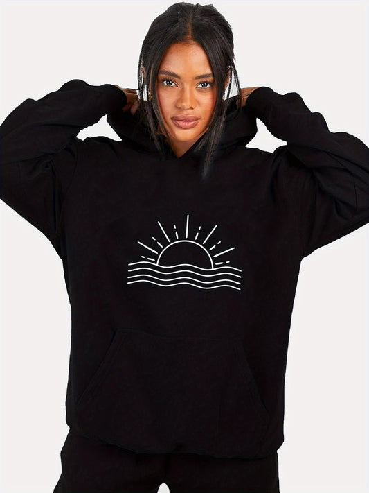Women's Graphic Hoodie Rising Sun Above Wavy Horizon With Radiant Lines Minimalist Sun