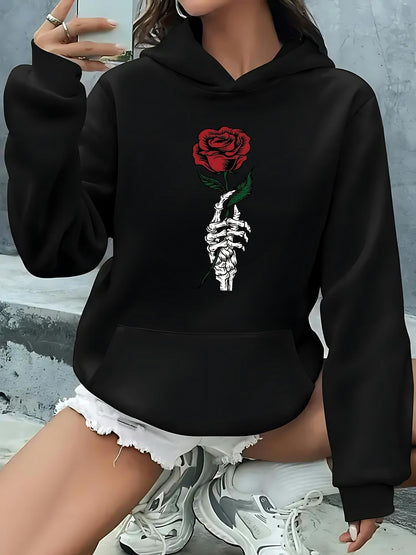Women's Graphic Hoodie Gothic Art Style Skeleton Hand Holding Red Rose