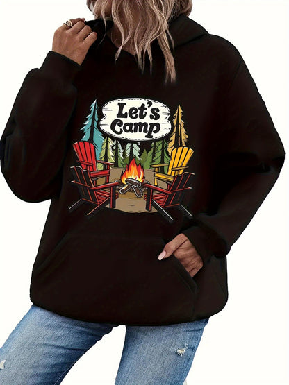 Women's Graphic Hoodie Lets Camp With Adirondack Chairs Fire Under Pine Trees