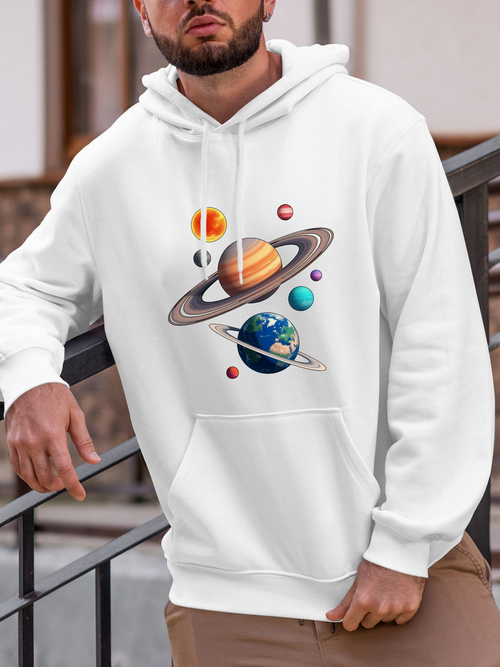 Men's Graphic Hoodie Colorful Outer Space With Rotating Planets And Glowing Saturn