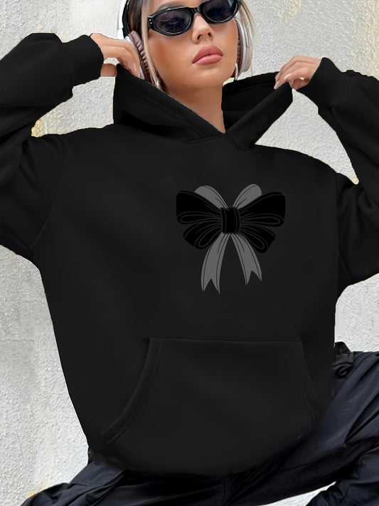 Women's Graphic Hoodie Elegant Velvet Bow Silhouette With Monochrome Shading Centered On Hoodie