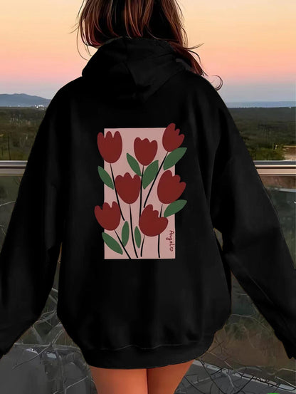 Women's Graphic Hoodie Blooming Red Tulips With Lush Green Leaves On Soft Canvas Tulip