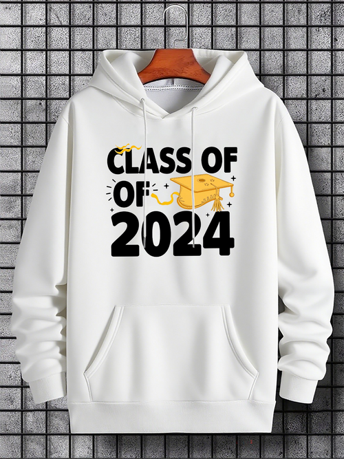 Men's Graphic Hoodie Class Of 2024 Graduation Cap With Confetti Under Bright Spotlight