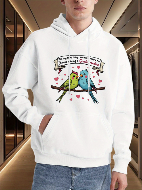 Men's Graphic Hoodie Sweet Pink Hearts With Colorful Budgies Among Bright Blossoms Parakeet