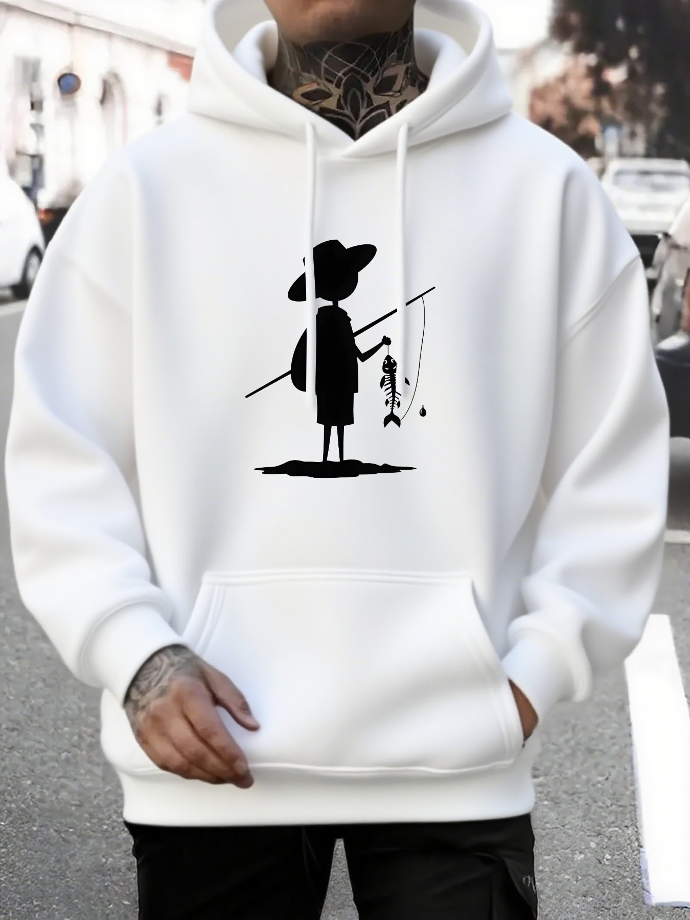 Men's Graphic Hoodie Minimalist Shadow Figure With Fishing Rod Catching A Small Fish