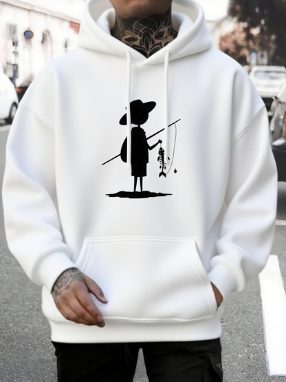 Men's Graphic Hoodie Minimalist Shadow Figure With Fishing Rod Catching A Small Fish