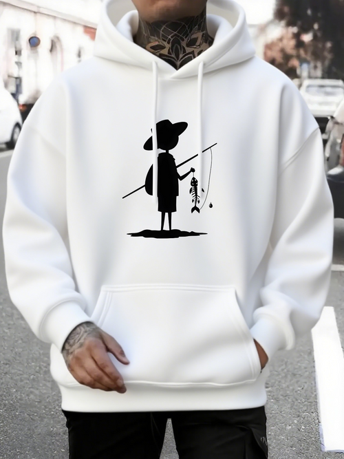 Men's Graphic Hoodie Minimalist Shadow Figure With Fishing Rod Catching A Small Fish