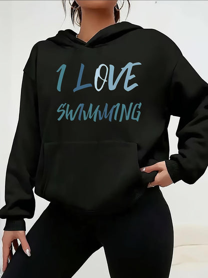 Women's Graphic Hoodie I Love Swimming Handwritten Text Style On Solid Black Hoodie