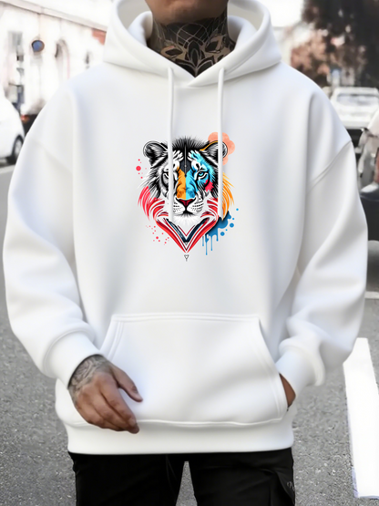 Men's Graphic Hoodie Colorful Abstract Paint Splash Surrounding Geometric Tiger Face