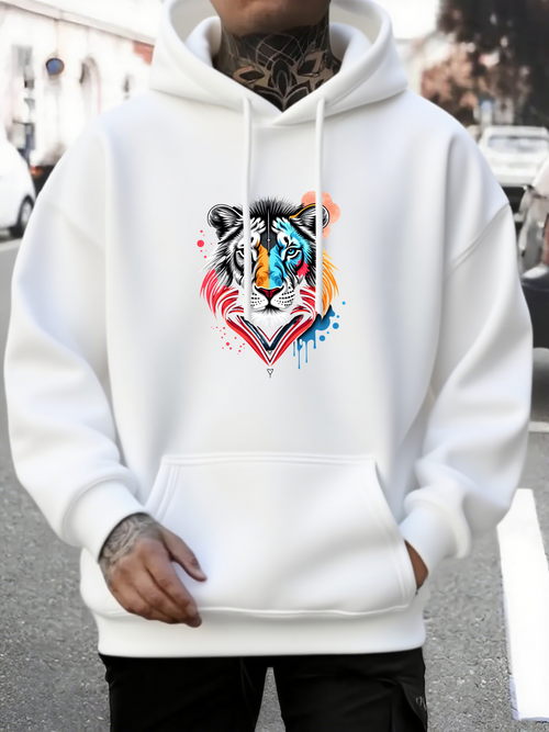 Men's Graphic Hoodie Colorful Abstract Paint Splash Surrounding Geometric Tiger Face