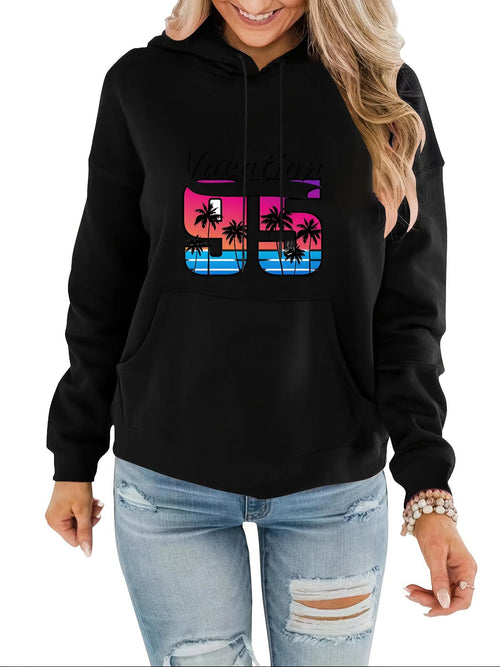Women's Graphic Hoodie Retro Neon Sunset With Silhouetted Palm Trees And Blue Ocean Waves Number