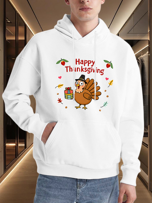 Men's Graphic Hoodie Happy Thanksgiving Festive Turkey Surrounded By Falling Leaves And Gift