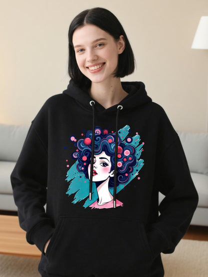 Women's Graphic Hoodie Playful Bubble Abstract Hair Woman Portrait