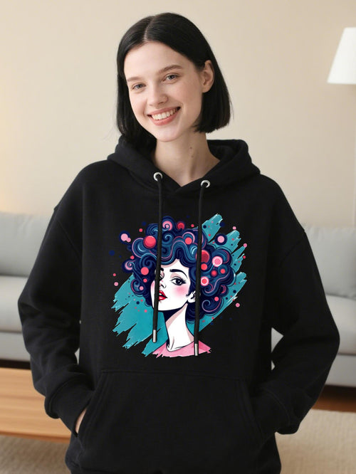 Women's Graphic Hoodie Playful Bubble Abstract Hair Woman Portrait