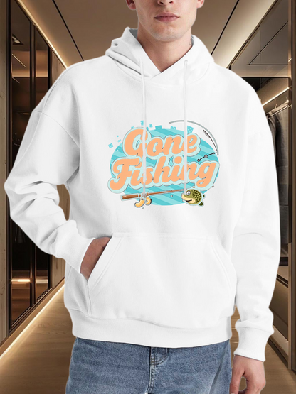 Men's Graphic Hoodie Gone Fishing With Blue Splash Patterned Fish And Rod Featuring Lake Landscape