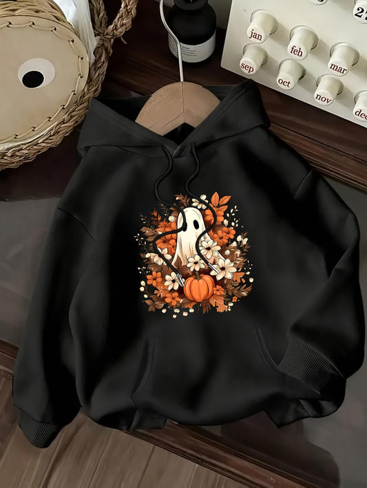 Women's Graphic Hoodie Autumn Flowers With Pumpkins Surrounded By Whimsical Ghost