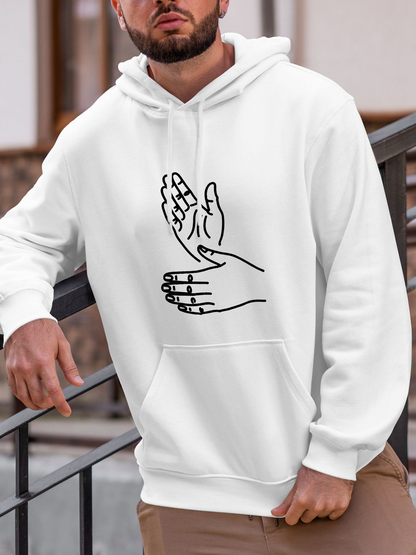 Men's Graphic Hoodie Minimalist Outline Hands Embracing Comfort On White Hoodie