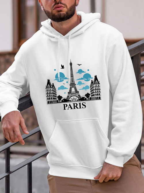 Men's Graphic Hoodie Paris Skyline With Blue Clouds And Flying Birds Eiffel Tower