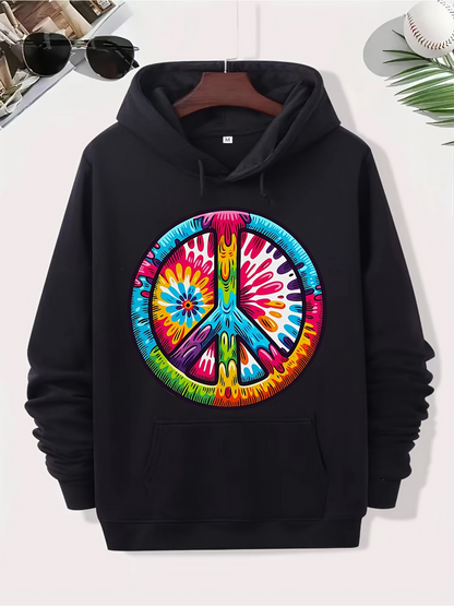 Men's Graphic Hoodie Colorful Tie Dye Swirl With Vibrant Peace Symbol Hoodie