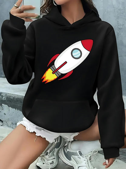 Women's Graphic Hoodie Colorful Cartoon Flames Brightly Launching Spaceship Rocket