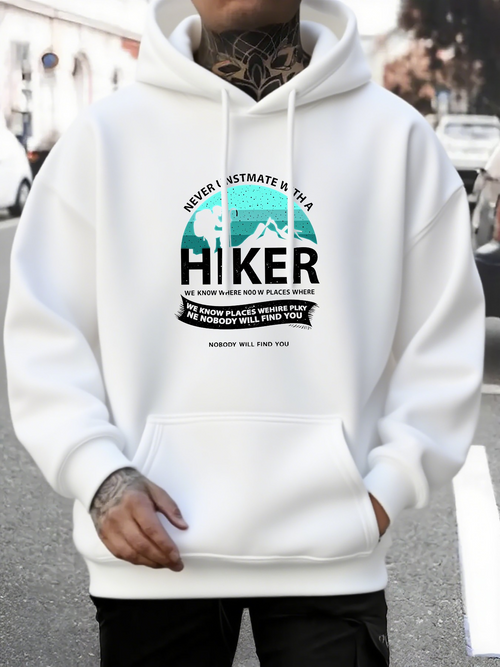 Men's Graphic Hoodie Hiker Adventure Awaits With Green Mountains Under Blue Sunrise Sky