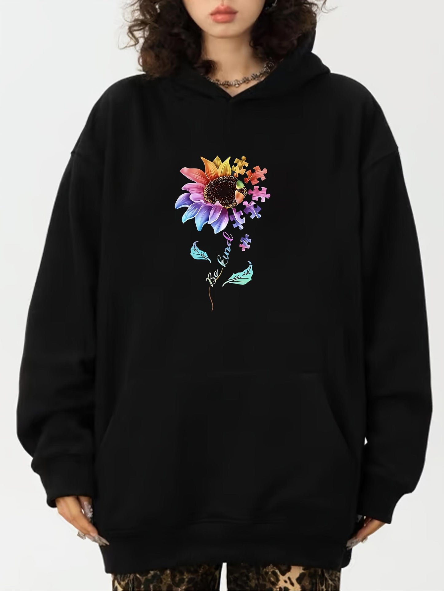 Women's Graphic Hoodie Vivid Rainbow Colored Petals With Blossoming Leaves Surrounding Sunflower