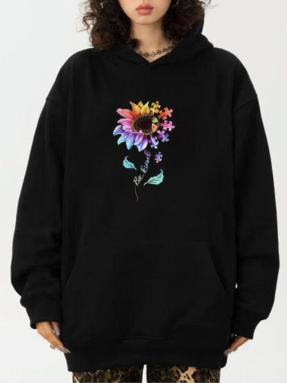 Women's Graphic Hoodie Vivid Rainbow Colored Petals With Blossoming Leaves Surrounding Sunflower