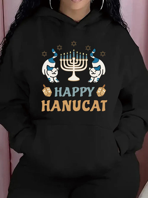 Women's Graphic Hoodie Happy Hanucat Cats Wearing Hats Dreidels And Menorah